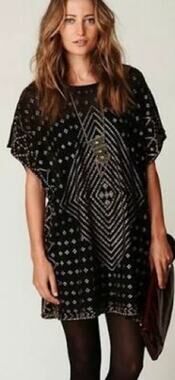 Free People New Romantics Poncho Tunic Dress Black Gold XS